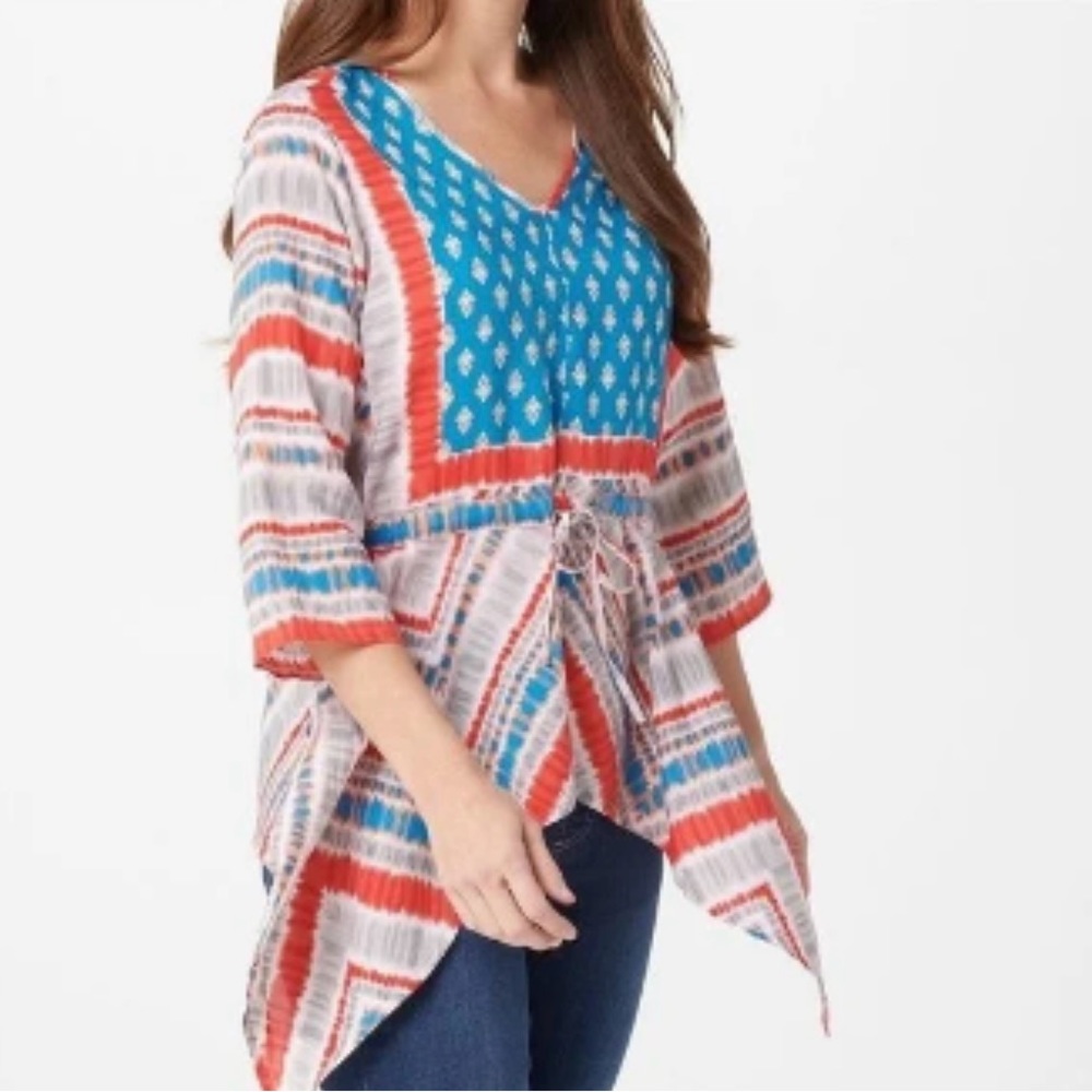 Tolani Tie Dye Top Large Tie Waist Red White Blue - Picture 1 of 8